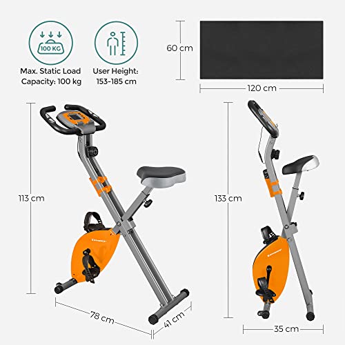 Exercise Bike, Fitness Bicycle, Foldable Indoor Trainer, 8 Magnetic Resistance Levels, with Floor Mat, Pulse Sensor, Phone Holder, 100 kg Max. Weight, Orange