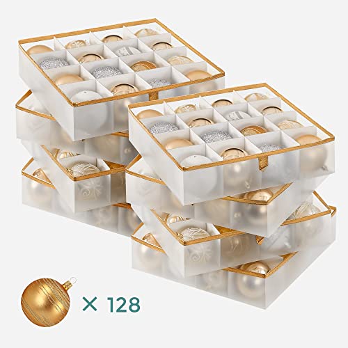 Plastic Christmas Ornament Storage Boxes, 2 Pack Christmas Ball Organisers, Keeps 128 Holiday Ornaments and Holiday Decor, Removable Dividers, Semi-Transparent and Golden