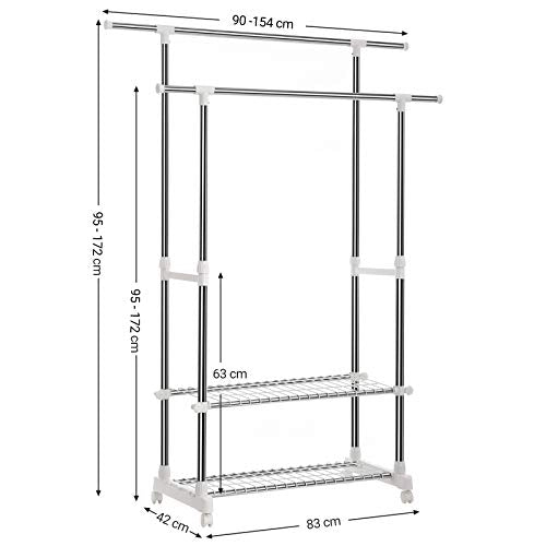 Clothes Rails, Double Hanging Rails with 2-Tier Shelves, Telescopic Extendable Coat Rack with Casters, Stainless Steel Coated Iron Pipes, 154 x 42 x 172 cm by