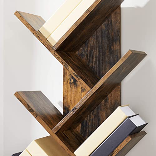 Tree Bookshelf, 8-Tier Floor Standing Bookcase, with Wooden Shelves for Living Room, Home Office, Rustic Brown