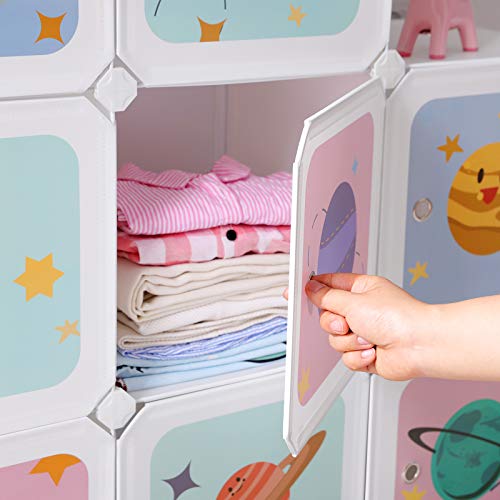 10-Cube Children’s Storage Unit, Interlocking Organiser Cabinet for Kids, Plastic Cube Shelves, Modular Wardrobe with Doors for Clothes Shoes Toys Bags, 123 x 31 x 123 cm, White