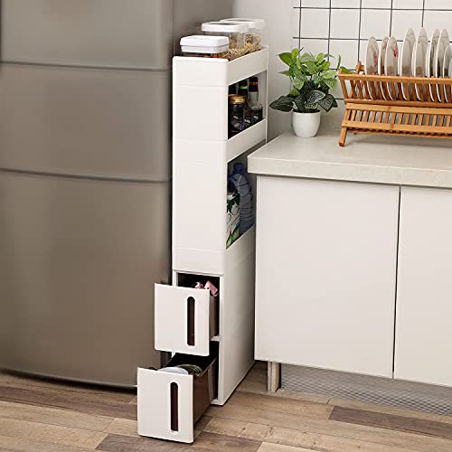 Narrow 3 Shelves 2 Drawers Recess Cabinet with Wheels for Kitchen Bathroom and Cellar 17cm Wide White , 45 x 17 x 106.5 cm