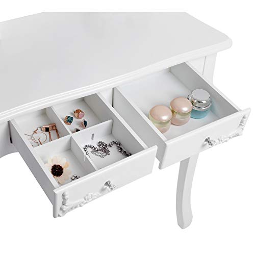 Princess Dressing Table Stool Set and 360 Degree Swiveling Mirror Makeup Desk 4 Drawers Vanity Furniture Easy to Assemble Bedroom White