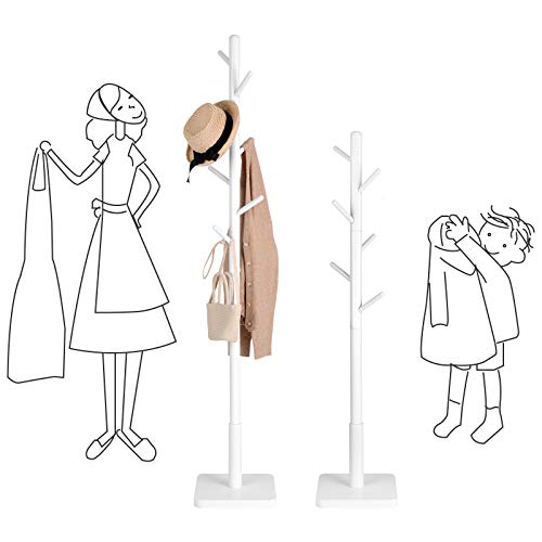 Coat Rack, Solid Wood Coat Stand, Free Standing Hall Coat Tree with 8 Hooks for Coats, Hats, Bags, Purses, for Entryway, Hallway, Rubberwood Hooks and Pole, White