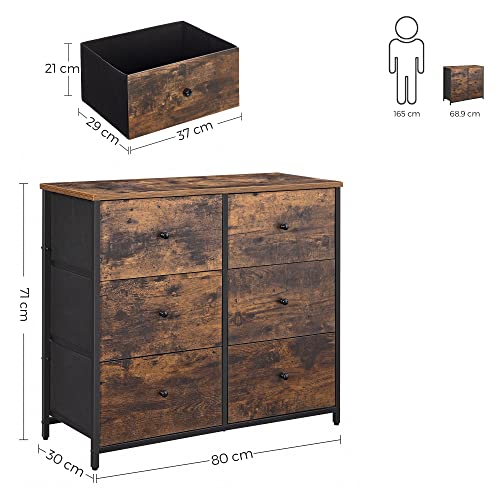 Chest of Drawers, 6 Fabric Drawers with Metal Frame, Storage Organiser Unit with Wooden Front and Top, Industrial Dresser, for Nursery, Bedroom, Hallway, Rustic Brown and Black