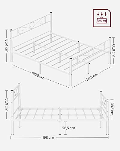 Double Bed Frame Metal Bed Frame Fits 140 x 190 cm Mattress, Guest Bed, Adults, Children, Easy Assembly, Small Spaces, White