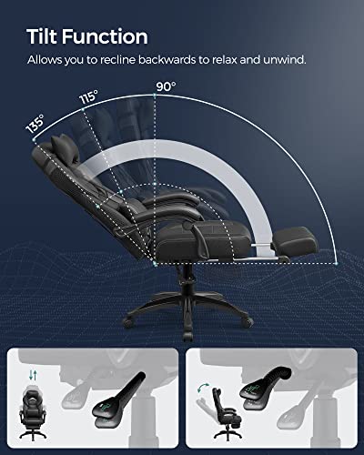 Gaming Chair, Office Chair with Footrest, Desk Chair, Ergonomic Design, Adjustable Headrest, Lumbar Support, Holds up to 150 kg, Black