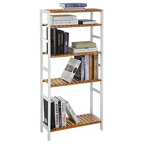 5-Tier Bathroom Storage Shelves, Bamboo Kitchen Shelf with 9 Adjustable Heights, Multifunctional Display Stand in Living Room, Hallway, 60 x 26 x 130 cm, White and Natural