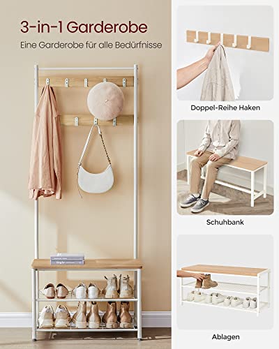 Coat Rack, Coat Stand with Shoe Storage Bench, Hall Tree with Shoe Rack, 3-in-1 Design, Steel Frame, for Hallway, Entrance, 32 x 70 x 175 cm, Modern, Oak Colour and White