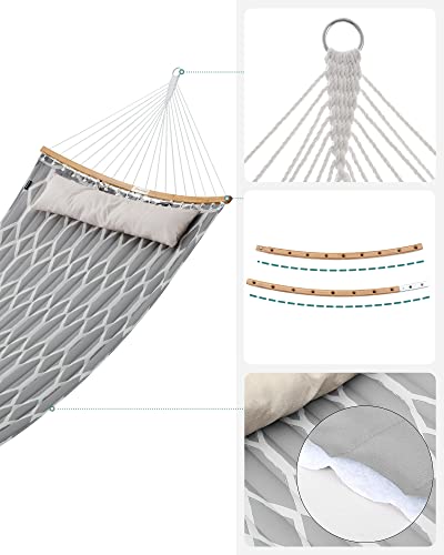 Hammock, Quilted Fabric Hammock with Detachable Curved Bamboo Spreaders, Pillow, 200 x 140 cm, Load Capacity 225 kg, Grey and Beige Rhombus