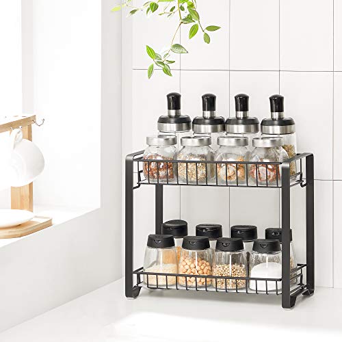 Spice Rack, 2-Tier Metal Kitchen Counter Shelf, Spice Organiser with Plastic Shelf Liner, Anti-Slip Feet, Easy to Assemble, for Countertop, Pantry, Bathroom, Black