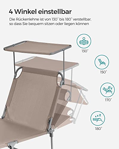 Sun Lounger, Sunbed, Reclining Sun Chair, with Headrest, Adjustable Backrest, Sunshade, Lightweight, Foldable, 53 x 193 x 29.5 cm, Load Capacity 150 kg, for Garden, Taupe 