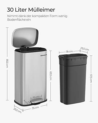 Kitchen Rubbish Bin, Pedal Trash Can 30L, with Plastic Inner Bucket, Hinged Lid, Soft Closure, Odour Proof and Hygienic, Silver Colour