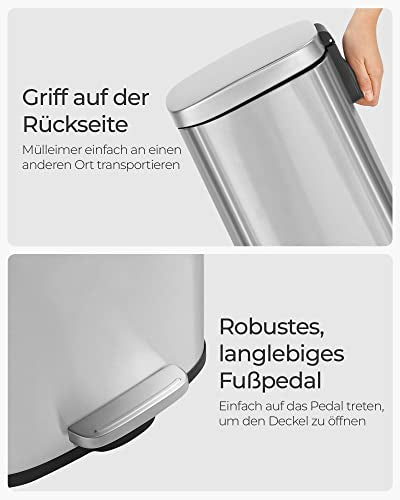 Kitchen Rubbish Bin, Pedal Trash Can 30L, with Plastic Inner Bucket, Hinged Lid, Soft Closure, Odour Proof and Hygienic, Silver Colour