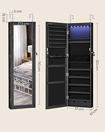 Hanging Jewellery Cabinet Lockable Mirror Cabinet Wall Cabinet with Mirror and Multiple Compartments Wall Mounted Door Hanging for Necklaces Earrings Black