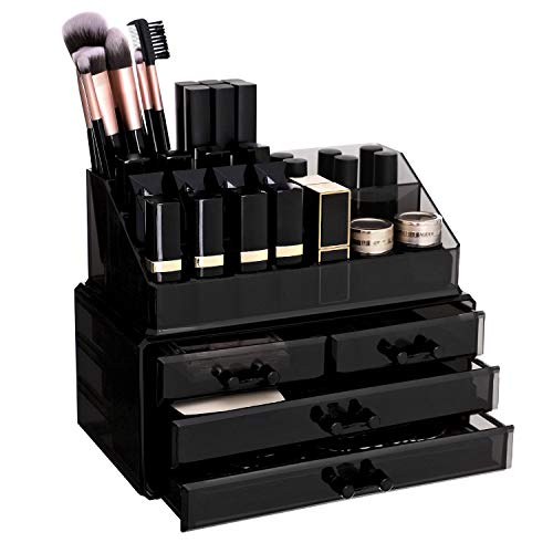 Acrylic Makeup Organiser, Stackable Makeup Storage Box, Cosmetic Display Case, with 4 Drawers, for Brush Palette Lipsticks Nail Polish, Gift Idea, Black