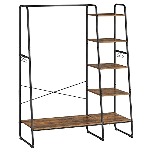 Clothes Rail, Clothes Rack with Shoe Shelf, 5-Tier Storage Rack, 6 Side Hooks, for Bedroom, Living Room, Rustic Brown and Black