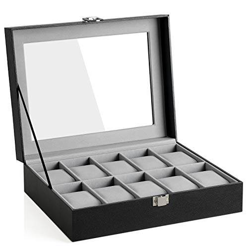 Watch Box with 10 Slots, Watch Case with Glass Lid, Watch Display Box with Removable Watch Pillows, Metal Clasp, Gift Idea, Black Synthetic Leather, Grey Lining