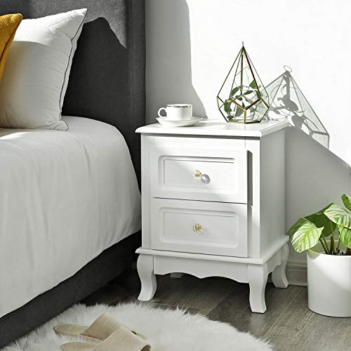 2 Bedside Tables, Beside Cabinet with 2 Drawers, Wooden Night Stands with Solid Pine Wood Legs, Spacious Storage, White