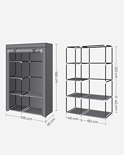 Fabric Wardrobe, Clothes Storage Organiser, 6 Shelves, 1 Hanging Rail, Non-Woven Fabric, Metal Frame, 45 x 105 x 168 cm, for Bedroom, Dressing Room, Grey