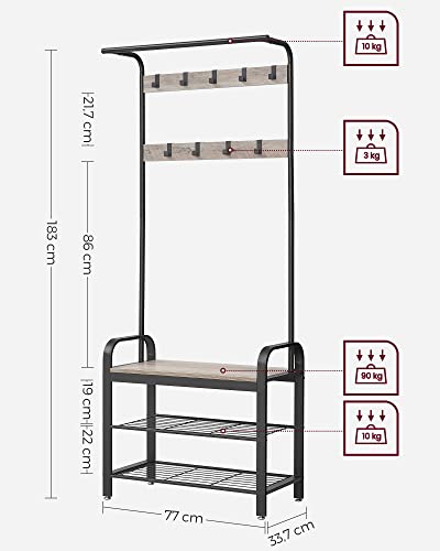 Coat Rack, Coat Stand with Shoe Storage Bench, 4-in-1 Design, with 9 Removable Hooks, a Clothes Rail, for Hallway, Entrance, 33.7 x 77 x 183 cm, Industrial, Greige and Black