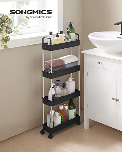 Storage Trolley,Slim Trolley, 4-Tier Kitchen Storage Trolley, Narrow Gap Bathroom Trolley with Wheels and Handles, 40 x 13 x 93 cm, Black