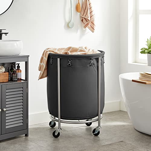 Laundry Sorter, Laundry Basket on Wheels, 170 Litre Round Laundry Bin with Steel Frame, Removable Laundry Bag and 4 Wheels (2 with Brakes), Black/Silver