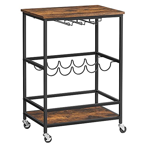 Kitchen Trolley on Wheels with Shelves Glass and Bottle Holders 60 x 40 x 75 cm Industrial Design Vintage Brown/Black