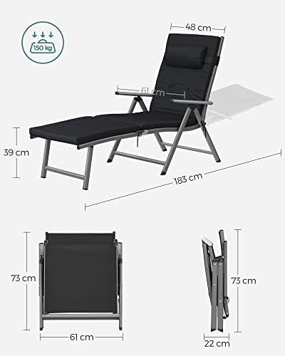 Foldable Sun Lounger, Sunbed with 6 cm Mattress, Removable Headrest, Rustproof Aluminium, Breathable, Comfortable, Reclinable, Max. Load Capacity 150 kg, Black