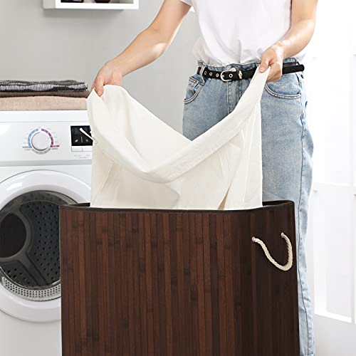 Divided Laundry Basket with Lid, Bamboo Laundry Hamper with 2 Sections, Removable Liners, Cotton Handles, 100L Storage Capacity, for Laundry Room, Bedroom, Brown