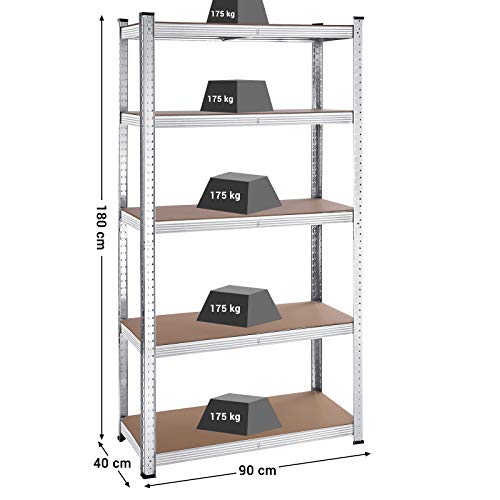 5-Tier Shelving Units, Set of 2 Steel Shelving Units for Storage, Tool-Free Assembly, for Garage, Shed, Load Capacity 875 kg, 40 x 90 x 180 cm, Silver