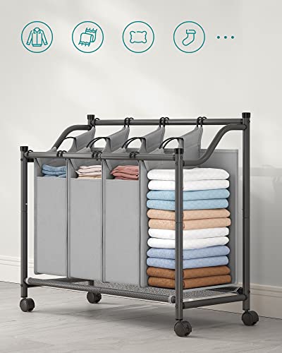 Rolling Laundry Sorter, Laundry Basket with 4 Removable Bags, Laundry Hamper, Laundry Trolley, for Laundry Room, Bedroom, Bathroom, 4 x 35L, Grey