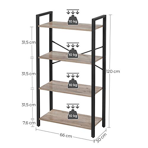 4-Tier Bookshelf, Storage Rack with Steel Frame, 120 cm High, for Living Room, Office, Study, Hallway, Industrial Style, Greige and Black