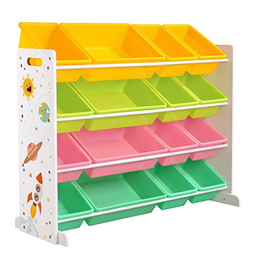 Toy Shelf, Toy Organiser, Nursery Shelf with 16 Removable PP Plastic Boxes, for Nursery, Playroom, School, Yellow, Light Green, Pink and Samar Green