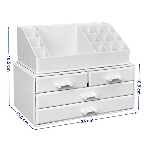 Cosmetics Organiser, Makeup Storage Holder with 4 Drawers and 16 Compartments of Different Sizes, Non-Slip Mats, for Makeup and Jewellery Accessories, White