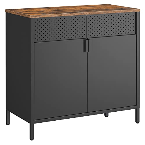 Storage Cabinet, Double-Door Floor Cabinet with Magnetic Closure, Adjustable Shelf, Steel Frame, Industrial Style, Space-Saving, Rustic Brown and Black