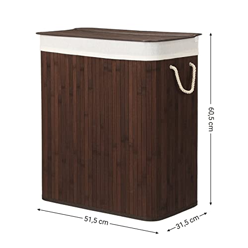 Divided Laundry Basket with Lid, Bamboo Laundry Hamper with 2 Sections, Removable Liners, Cotton Handles, 100L Storage Capacity, for Laundry Room, Bedroom, Brown