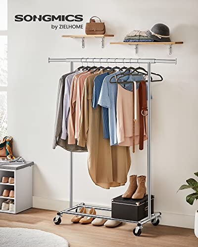 Clothes Rack on Wheels, Heavy Duty Clothes Rail, with Extendable Hanging Rail, 90 kg Load Capacity, Easy Assembly, Portable, Silver