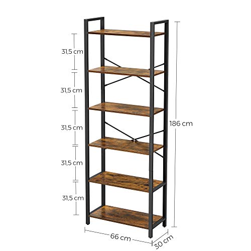 Bookshelf, 6-Tier Shelving Unit with Steel Frame, Tall Rustic Shelves for Living Room, Office, Study, Hallway, Industrial Style, 66 x 30 x 186 cm, Rustic Brown and Black