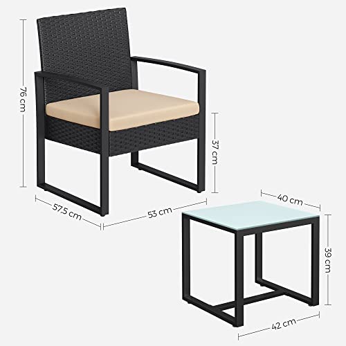 Balcony Garden Furniture Set, PE Polyrattan Lounge Set, Table and 2 Chairs, Patio Furniture, Easy Assembly, Outdoor, for Patio, Balcony, Garden, Black/Beige