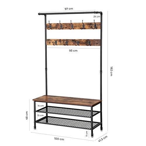 Coat Rack Stand, Large Coat Tree with 9 Hooks and Shoe Rack, Industrial Style, Multifunctional Hall Tree, Sturdy Steel Frame