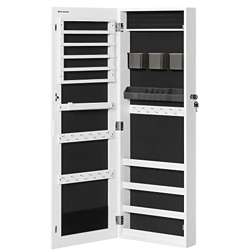 Jewellery Cabinet Armoire, Lockable Wall-Mounted Storage Organiser Unit with 2 Plastic Cosmetic Storage Trays, Full-Length Frameless Mirror, for Necklace Earring, White