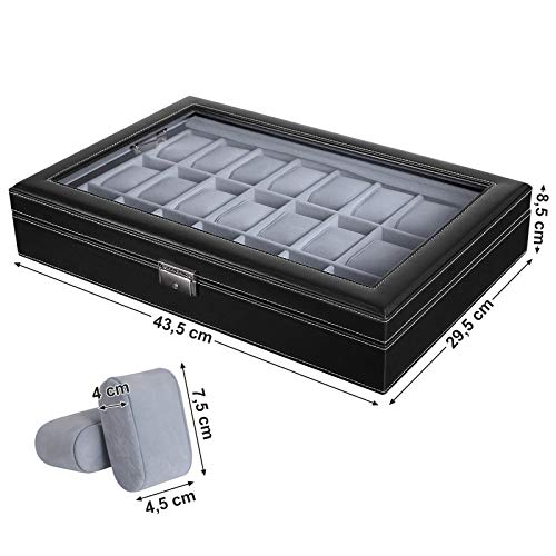 Watch Box, Lockable Watch Case, Watch Storage Box with 24 Slots, Glass Lid, Gift for Loved Ones, Black Synthetic Leather, Grey Lining