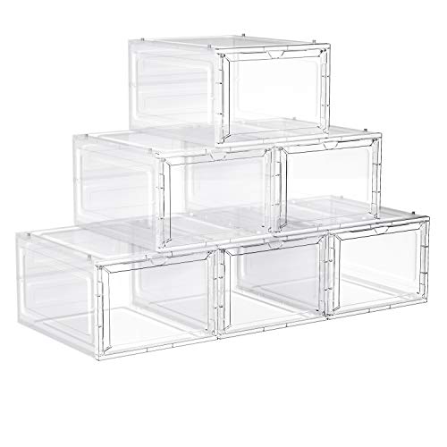 Shoe Boxes, Plastic Shoe Storage Organisers with Clear Doors, Set of 6, Stackable, Easy Assembly, 27 x 34.5 x 19 cm, up to UK Size 10, White