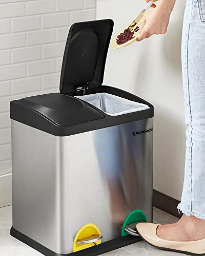 Recycle Bin, 30-Litre Waste Separation System, 2 x 15L Rubbish Bin, with Inner Buckets, Colour-Coded Pedals, for Kitchen, Living Room, Silver and Black