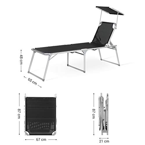 Sun Lounger, Sunbed, Large Reclining Sun Chair, 65 x 200 x 48 cm, Load Capacity 150 kg, with Reclining Backrest, Sunshade, Foldable, for Garden, Balcony, Terrace, Black