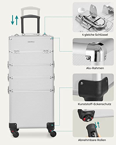 Cosmetic Case, Trolley Case, 4-in-1 Vanity Case, Makeup Case for Travel, Large Hairdressing Case, Lockable, 360° Rotating Universal Wheels, silver