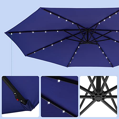 Cantilever Garden Patio Parasol with Solar-Powered LED Lights, 3 m Offset Parasol with Base, UPF 50+ Banana Hanging Umbrella, Crank for Opening Closing, Navy Blue