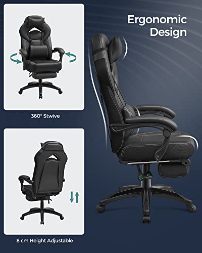 Gaming Chair, Office Chair with Footrest, Desk Chair, Ergonomic Design, Adjustable Headrest, Lumbar Support, Holds up to 150 kg, Black