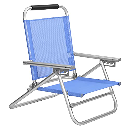 Portable Beach Chair with 4-Position Reclining Backrest, Folding Beach Chair with Armrests, Breathable and Comfortable Fabric, Outdoor Chair, Blue